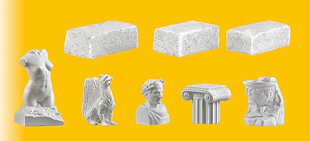 Vollmer 48281 HO Scale Stone Mason Accessories - Stone Art -- 3 Blocks, Bust Figure, Column Top, Partial Statue, Partial Carving