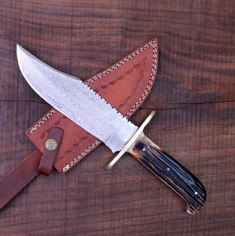 Western Bowie Knife – Handmade 15-Inch Damascus Steel with Bone Handle