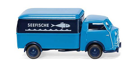 Wiking 33506 HO Scale 1949-1952 Tempo Matador Box-Body Delivery Truck - Assembled -- Seefische (blue, white, German Lettering)