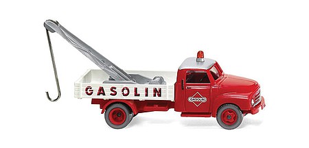 Wiking 35202 HO Scale 1952-1960 Opel Blitz Low-Side Tow Truck - Assembled -- Gasolin (red, white, German Lettering)