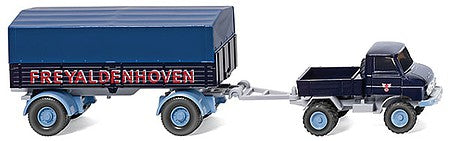 Wiking 37104 HO Scale Unimog U 411 w/Low-Side Trailer - Assembled -- Freyaldenhoven (black, blue, German Lettering)