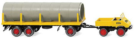 Wiking 39205 HO Scale Unimog U 411 with Trailer and Pipe Load - Assembled -- Zublin (yellow, German Lettering)