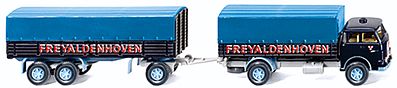 Wiking 41602 HO Scale MAN Pausbacke Truck w/Low-Side Trailer - Assembled -- With Tarp Cover, Freyaldenhoven (black, red, blue tarp)