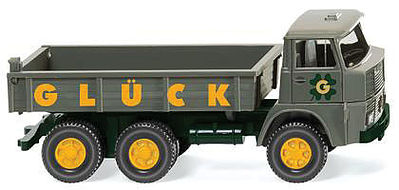 Wiking 42403 HO Scale 1965 Henschel Low-Side Dump Truck - Assembled -- Gluck (gray, yellow, German Lettering)