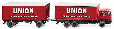Wiking 45701 HO Scale 1969 Hanomag Henschel Box Truck w/Trailer - Assembled -- Union Transport (red, white, German Lettering)