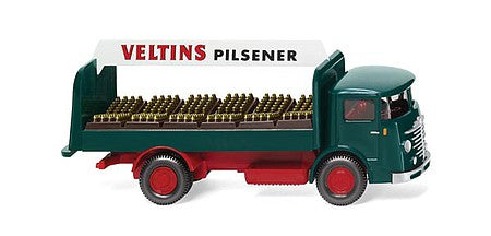 Wiking 47602 HO Scale 1953-1955 Bussing 4500 Low-Side Truck - Assembled -- Veltins (green, red, white, German Lettering)