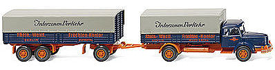 Wiking 48003 HO Scale Krupp Titan Low-Side Truck w/Trailer & Tarp Covers - Assembled -- Rhein.-West. Frachten-Kontor (blue, orange, gray, German Lettering)