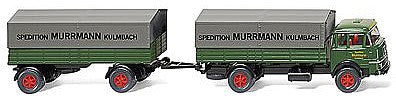 Wiking 48601 HO Scale Krupp 806 Low-Side Truck w/Trailer & Canvas Covers - Assembled -- Spedition Murrmann (green, gray, red, German Lettering)