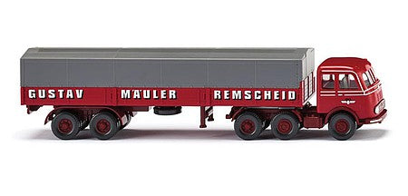 Wiking 48804 HO Scale 1958-1961 Mercedes-Benz LPS333 Tractor with Low-Side Trailer - Assembled -- Spedition Gustav Mauler (red, black, white, gray, German Lettering)