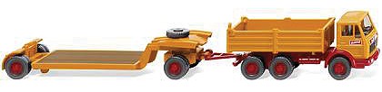 Wiking 49201 HO Scale Mercedes-Benz NG Dump Truck with Lowboy Equipment Trailer - Assembled -- Bolling (yellow, red, German)