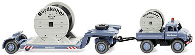 Wiking 50202 HO Scale 1963 Unimog U 406 Truck w/Lowboy Trailer & Cable Load - Assembled -- Nordkabel (gray, German Lettering)