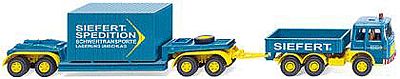 Wiking 50402 HO Scale MAN 19.230 Heavy-Duty Truck w/Drop-Deck Trailer & Crate Load - Assembled -- Siefert (blue, yellow, German Lettering)