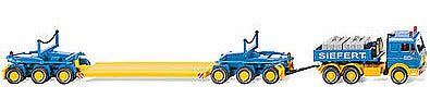Wiking 50403 HO Scale 1985 Mercedes-Benz 3850 Heavy-Duty Truck w/Lowboy Trailer - Assembled -- Diefert (blue, yellow, German Lettering)