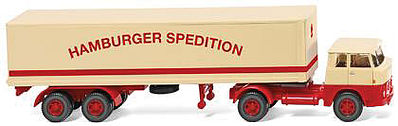 Wiking 51319 HO Scale Henschel HS 14/16 Tractor w/Van Trailer - Assembled -- Hamburger Spedition (ivory, red, German Lettering)