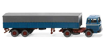 Wiking 51405 HO Scale 1970-1974 Mercedes-Benz Tractor with Low-Side Trailer - Assembled -- Blue, Red, Gray