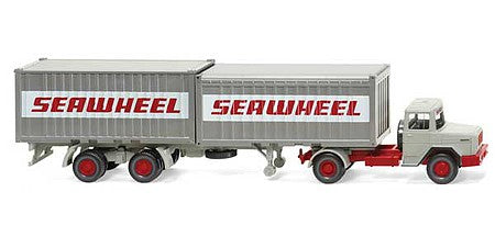 Wiking 52402 HO Scale 1970-1974 Magirus Deutz Tractor with Container Chassis and 2 Containers - Asse -- Seawheel (gray, red)