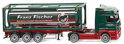 Wiking 53603 HO Scale Mercedes-Benz Actros Tractor w/30' Tank Trailer - Assembled -- Franz Fischer Spedition (green, red, German Lettering)
