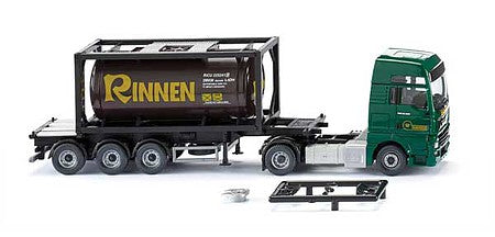 Wiking 53606 HO Scale MAN TGX Euro 6c Tractor with Container Chassis and Load - Assembled -- Rinnen (green, black, yellow, German Lettering)