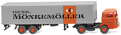 Wiking 54201 HO Scale Mercedes-Benz 1620 Tractor w/Dry-Van Trailer - Assembled -- Monkemoller (orange, gray, German Lettering)