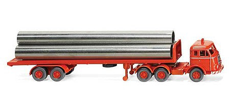 Wiking 55404 HO Scale 1955-1961 Henschel Tractor with Flatbed Trailer and Load - Assembled -- Red