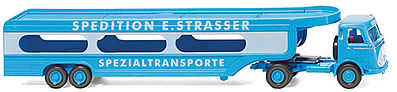 Wiking 58049 HO Scale Mercedes-Benz Pullman Tractor w/Auto Transport Trailer - Assembled -- Spedition E. Strasser (blue, white, German Lettering)