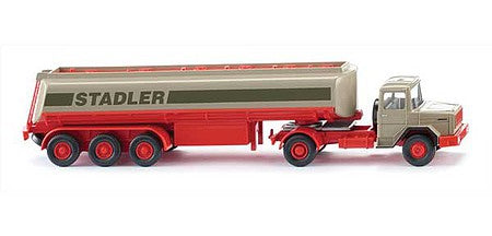 Wiking 78006 HO Scale 1970-1978 Magirus Deutz Tractor with Tank Trailer - Assembled -- Stadler (beige, red)