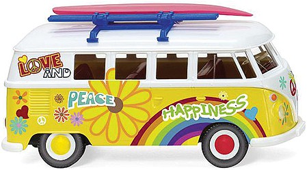 Wiking 79725 HO Scale 1963-1967 Volkswagen T1 Passenger Van - Assembled -- Flower Power (yellow, white, rainbow and flower graphics)