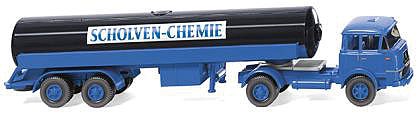 Wiking 80598 HO Scale 1964 Krupp Tractor w/Tank Trailer - Assembled -- Scholven-Chemie (blue, black, white, German Lettering)