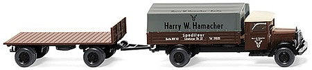 Wiking 84201 HO Scale Mercedes-Benz L 2500 Low-Side Truck w/Flatbed Trailer - Assembled -- Sped. Hamacher (brown, white, German Lettering)