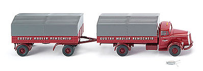 Wiking 85905 HO Scale 1950 Mercedes-Benz L 6600 Low-Side Truck & Trailer - Assembled -- Sped.G. Mauler (red, white, gray Cover)