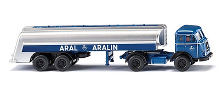 Wiking 88247 HO Scale 1955-1961 Henschel Tractor with Tank Trailer - Assembled -- Aral (blue, silver, German Lettering)