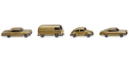 Wiking 91006 N Scale VW Beetle 1300, VW Bus, Opel Rekord and Chevrolet Malibu Set -- 50th Anniversary of Wiking N Scale (All Vehicles are Gold)