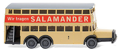 Wiking 97303 N Scale 1938 MAN D 38 Double-Decker Bus - Assembled -- Berlin, Germany (beige, red, white,  Salamander Ad, German Lettering)