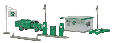 Wiking 99077 HO Scale 1950s Gas Station Set - Kit -- Rheinpreussen Station, Pump Island, 2 Non-Working Lights, Sign & Opel Tank T