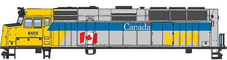 Walthers Mainline 910-19469 HO Scale EMD F40PH - ESU Sound and DCC -- VIA Rail Canada #6402 (Canada Scheme, gray, blue, yellow, with Flag)