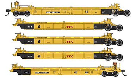 Walthers Mainline 910-55628 HO Scale Thrall 5-Unit Rebuilt 40' Well Car - Ready to Run -- TTX DTTX #748198 A-E (yellow, black, small red logo, yellow conspicuity stripe