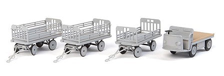 Walthers SceneMaster 949-4141 HO Scale Baggage Tractor and Trailers - Plastic Kit -- Non-Powered Tractor and 3 Trailers (gray)