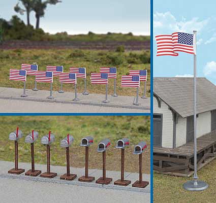 Walthers SceneMaster 949-4166 HO Scale Flags (11) and Mailboxes (8) -- American Flags (50 Stars, 1959-Present)