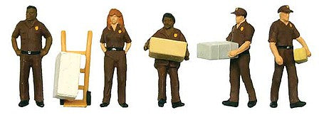 Walthers SceneMaster 949-6043 HO Scale UPS Delivery Personnel pkg(5) -- Includes Handcart