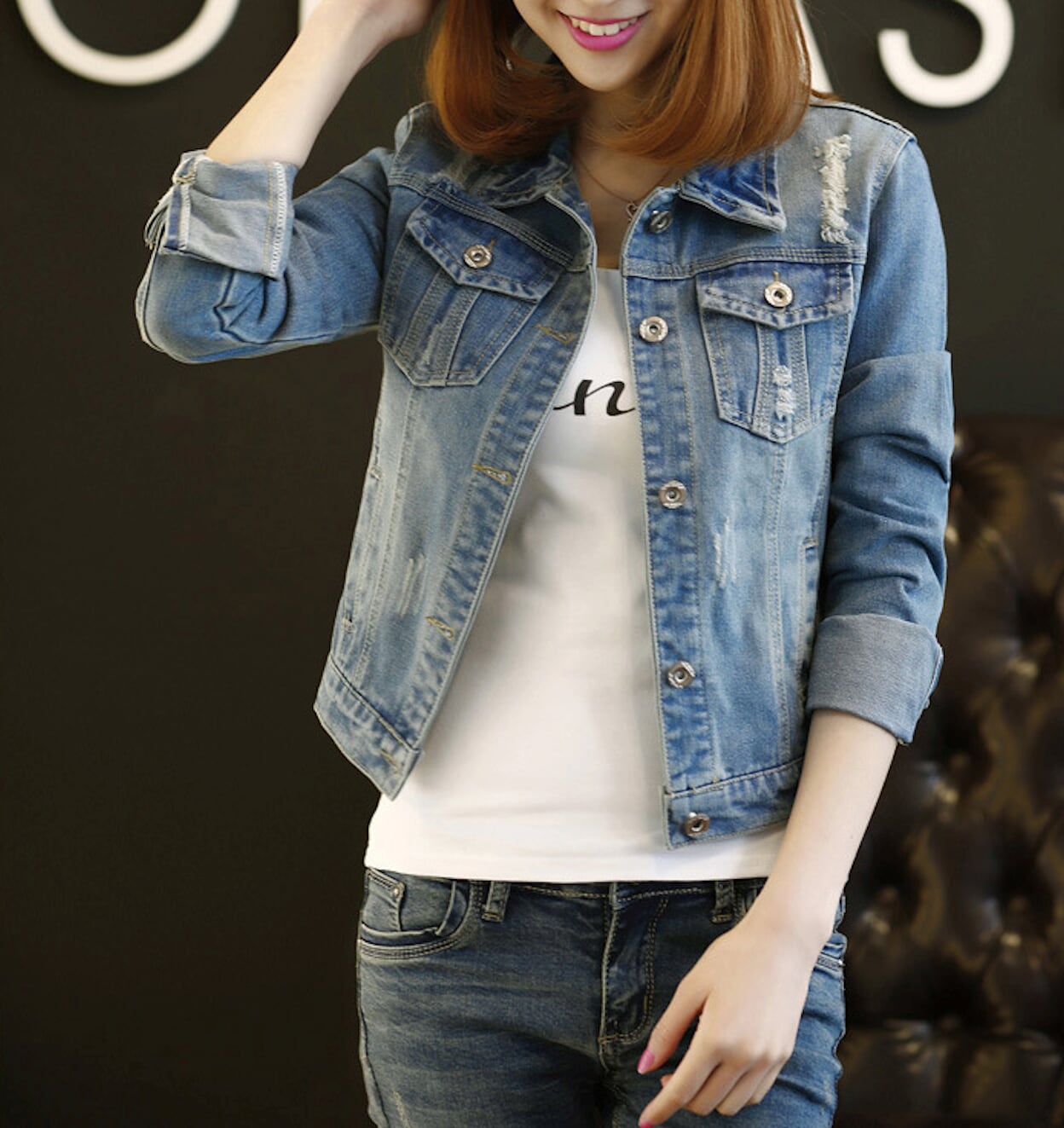 Womens Ripped Short Denim Jacket