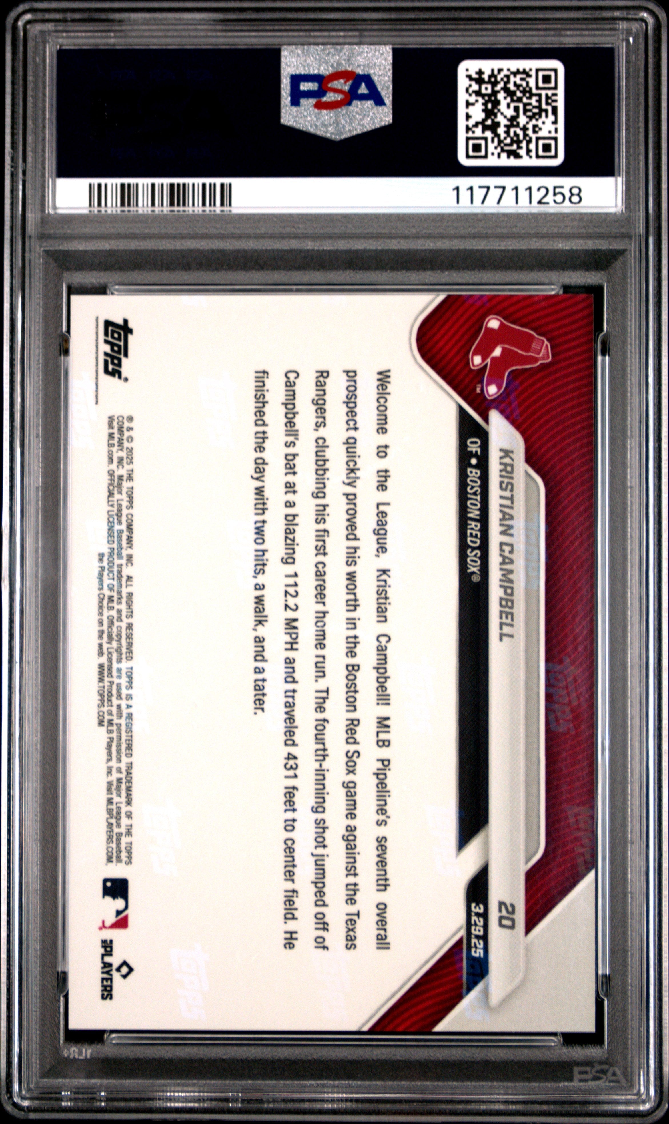 Graded 2025 Topps Now Kristian Campbell #20 Rookie RC Baseball Card PSA 8 Near Mint
