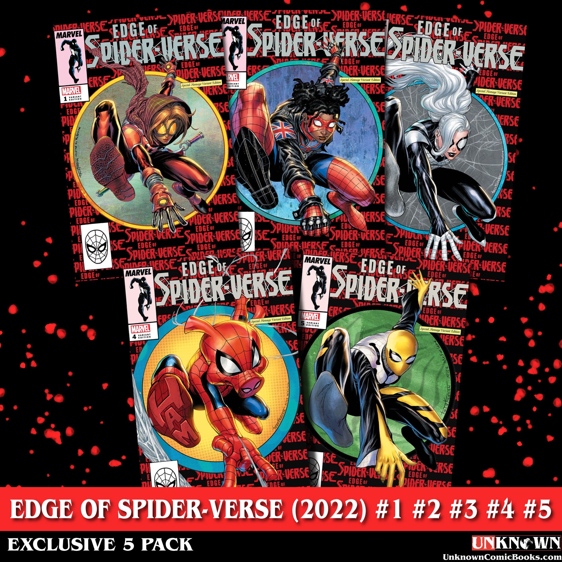 [5 PACK] EDGE OF SPIDER-VERSE (#1-#5) 1, 2, 3, 4, 5 UNKNOWN COMICS TYLER KIRKHAM EXCLUSIVE TRADE DRESS BUNDLE (10/19/2022)