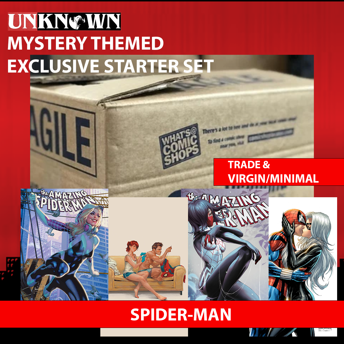UNKNOWN COMICS MYSTERY THEMED 👉SPIDER-MAN STORE EXCLUSIVE STARTER SET: MIXED CASE OF EXCLUSIVE COMIC BOOKS 👉TRADE AND VIRGIN / MINIMAL ESTIMATED 120-200 COMICS (06/27/2024)