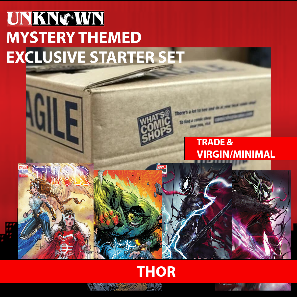 UNKNOWN COMICS MYSTERY THEMED 👉THOR STORE EXCLUSIVE STARTER SET: MIXED CASE OF EXCLUSIVE COMIC BOOKS 👉TRADE AND VIRGIN / MINIMAL ESTIMATED 120-200 COMICS (06/27/2024)